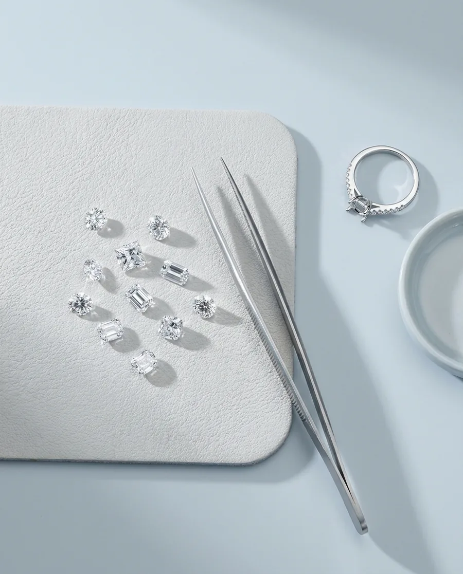 Loose certified diamonds being selected at the Duvaire design atelier