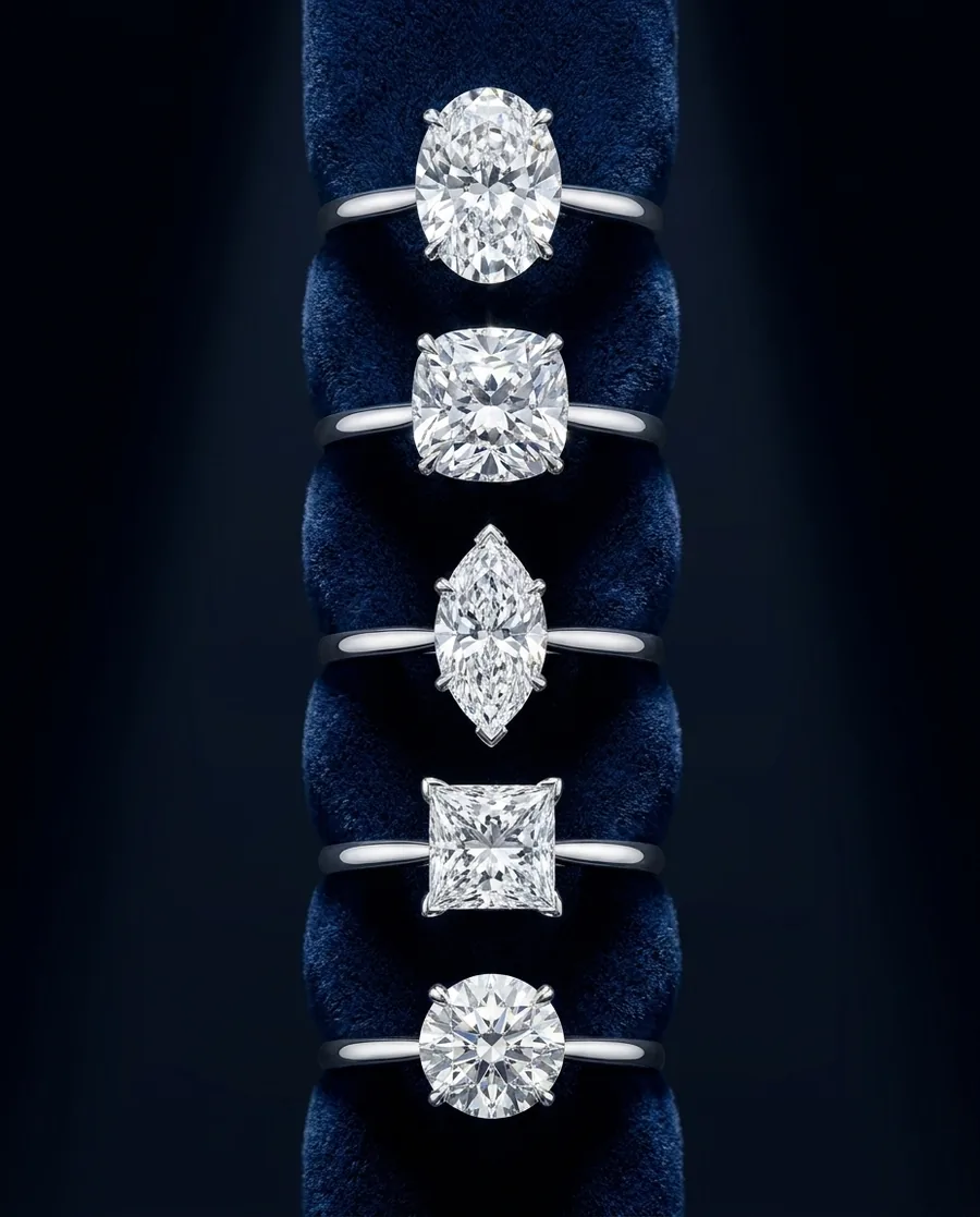Custom lab-grown diamond engagement rings displayed on dark velvet